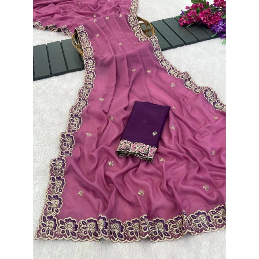 Snuggle Spot Women's Star Georgette Embroidered Saree With Unstitched Blouse 5.5Mtr (Pink)
