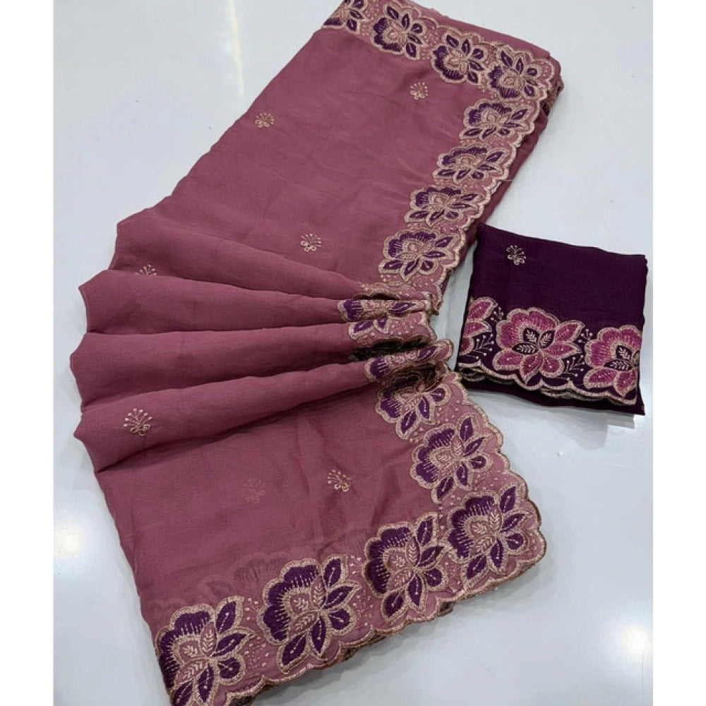 Snuggle Spot Women's Star Georgette Embroidered Saree With Unstitched Blouse 5.5Mtr (Pink)