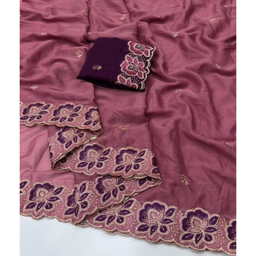 Snuggle Spot Women's Star Georgette Embroidered Saree With Unstitched Blouse 5.5Mtr (Pink)