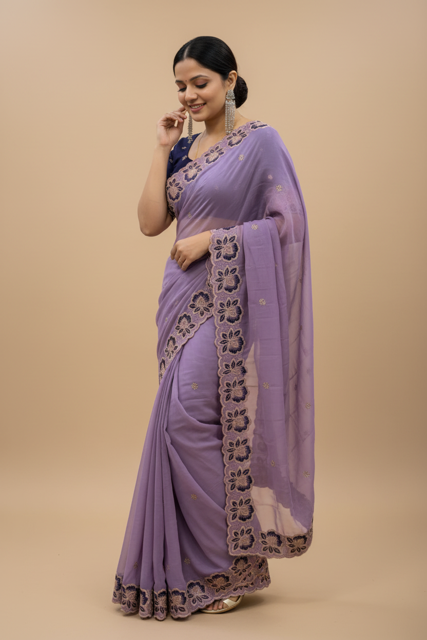 Snuggle Spot Women's Star Georgette Embroidered Saree With Unstitched Blouse 5.5Mtr (Purple)