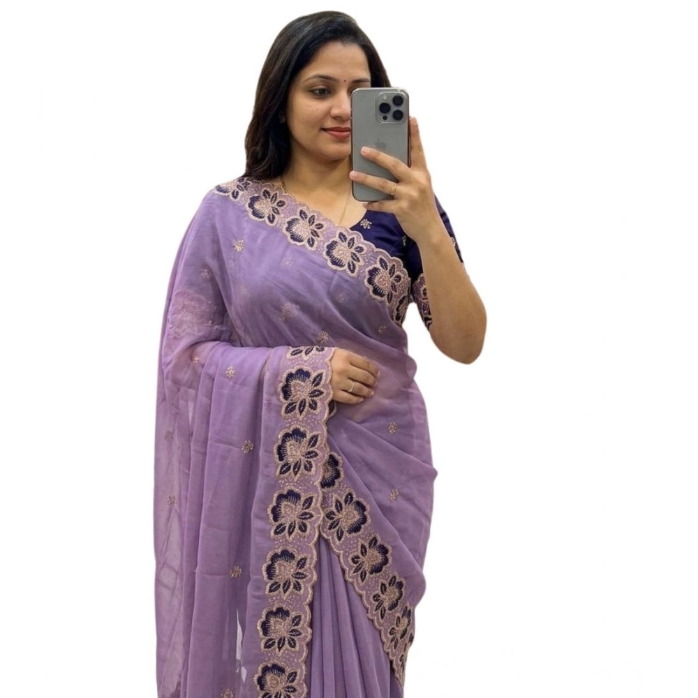 Snuggle Spot Women's Star Georgette Embroidered Saree With Unstitched Blouse 5.5Mtr (Purple)