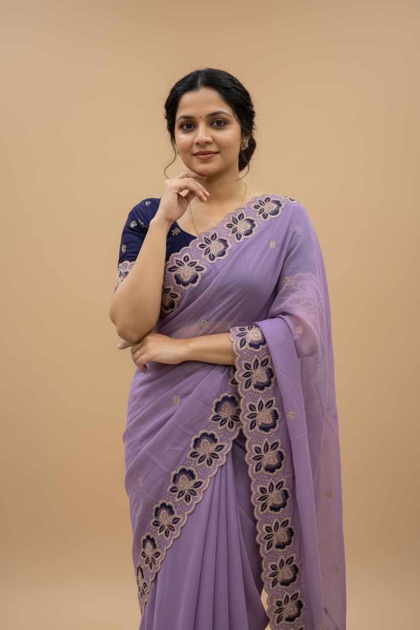 Snuggle Spot Women's Star Georgette Embroidered Saree With Unstitched Blouse 5.5Mtr (Purple)