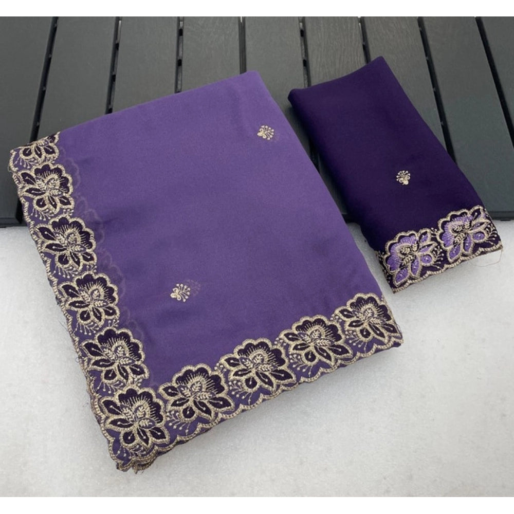Snuggle Spot Women's Star Georgette Embroidered Saree With Unstitched Blouse 5.5Mtr (Purple)