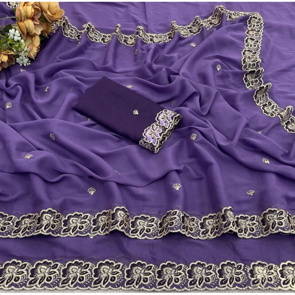 Snuggle Spot Women's Star Georgette Embroidered Saree With Unstitched Blouse 5.5Mtr (Purple)