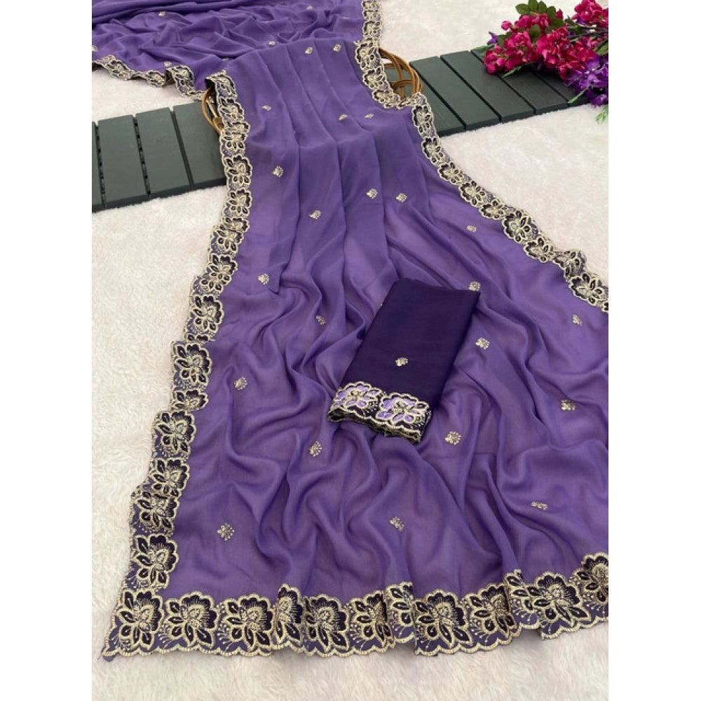 Snuggle Spot Women's Star Georgette Embroidered Saree With Unstitched Blouse 5.5Mtr (Purple)