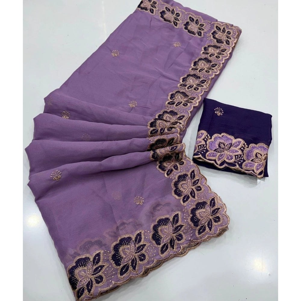 Snuggle Spot Women's Star Georgette Embroidered Saree With Unstitched Blouse 5.5Mtr (Purple)
