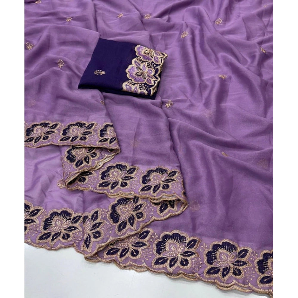 Snuggle Spot Women's Star Georgette Embroidered Saree With Unstitched Blouse 5.5Mtr (Purple)
