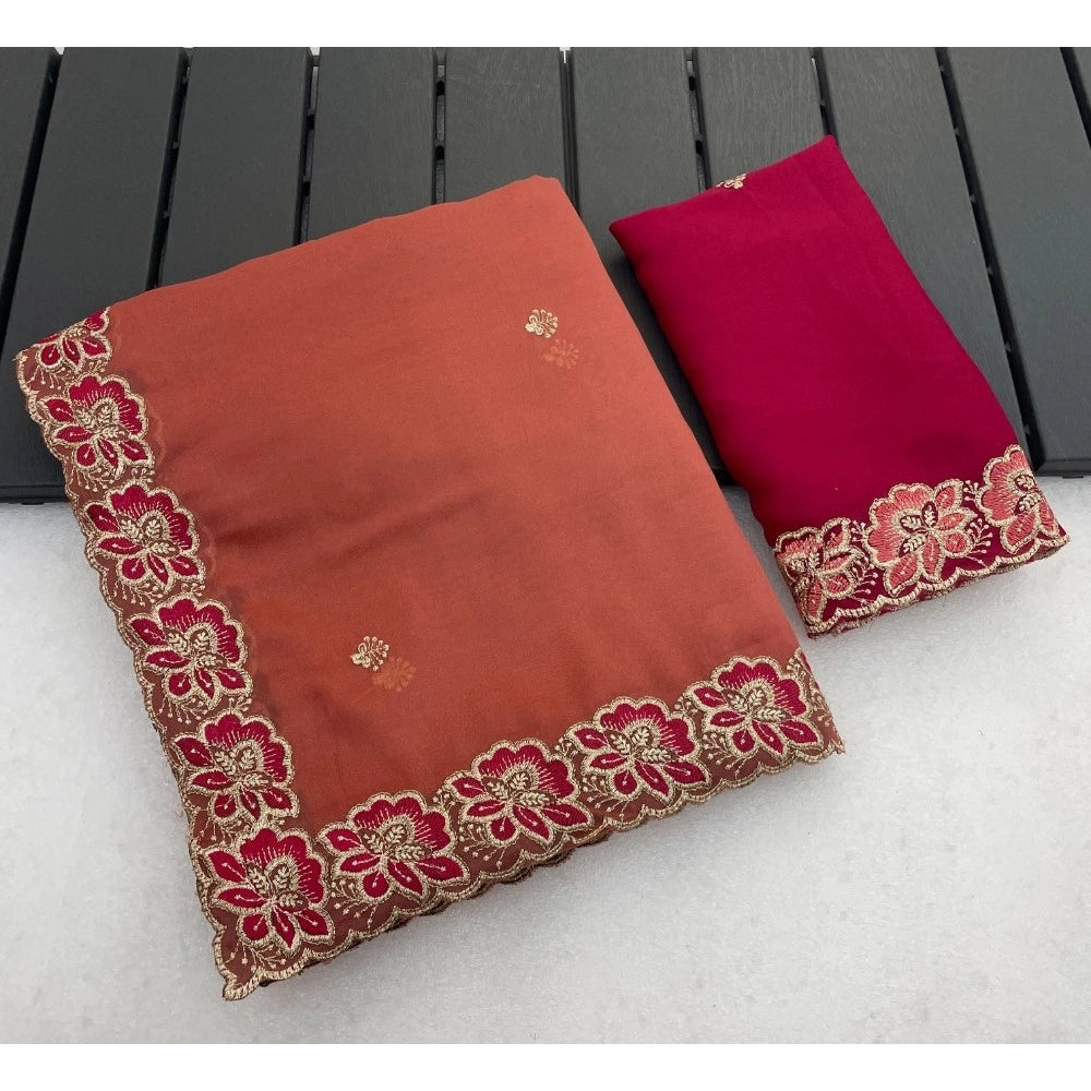 Snuggle Spot Women's Star Georgette Embroidered Saree With Unstitched Blouse 5.5Mtr (Orange)