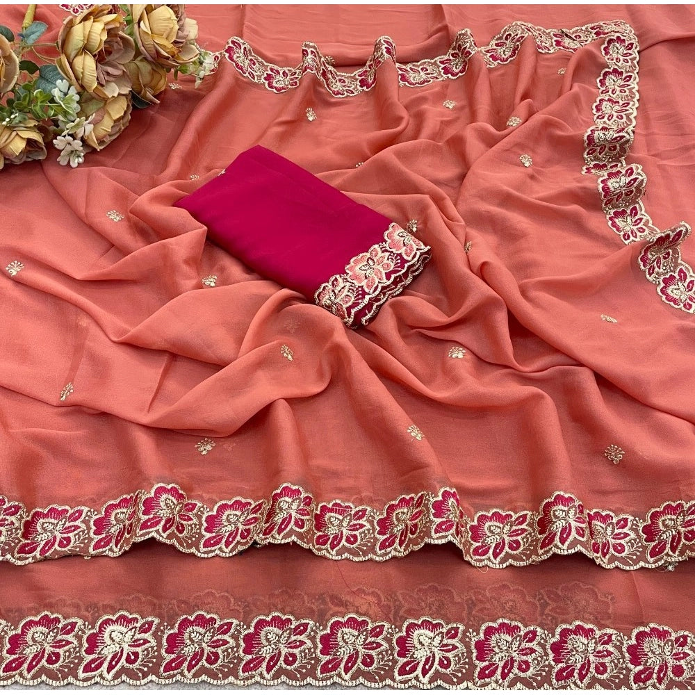 Snuggle Spot Women's Star Georgette Embroidered Saree With Unstitched Blouse 5.5Mtr (Orange)