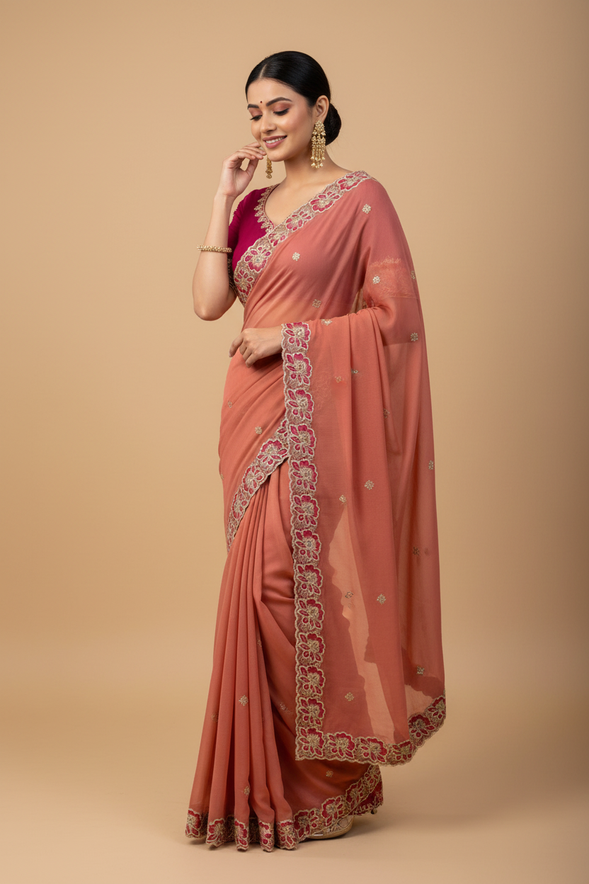 Snuggle Spot Women's Star Georgette Embroidered Saree With Unstitched Blouse 5.5Mtr (Orange)