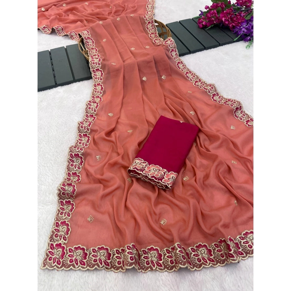 Snuggle Spot Women's Star Georgette Embroidered Saree With Unstitched Blouse 5.5Mtr (Orange)