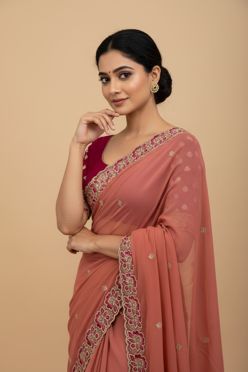 Snuggle Spot Women's Star Georgette Embroidered Saree With Unstitched Blouse 5.5Mtr (Orange)