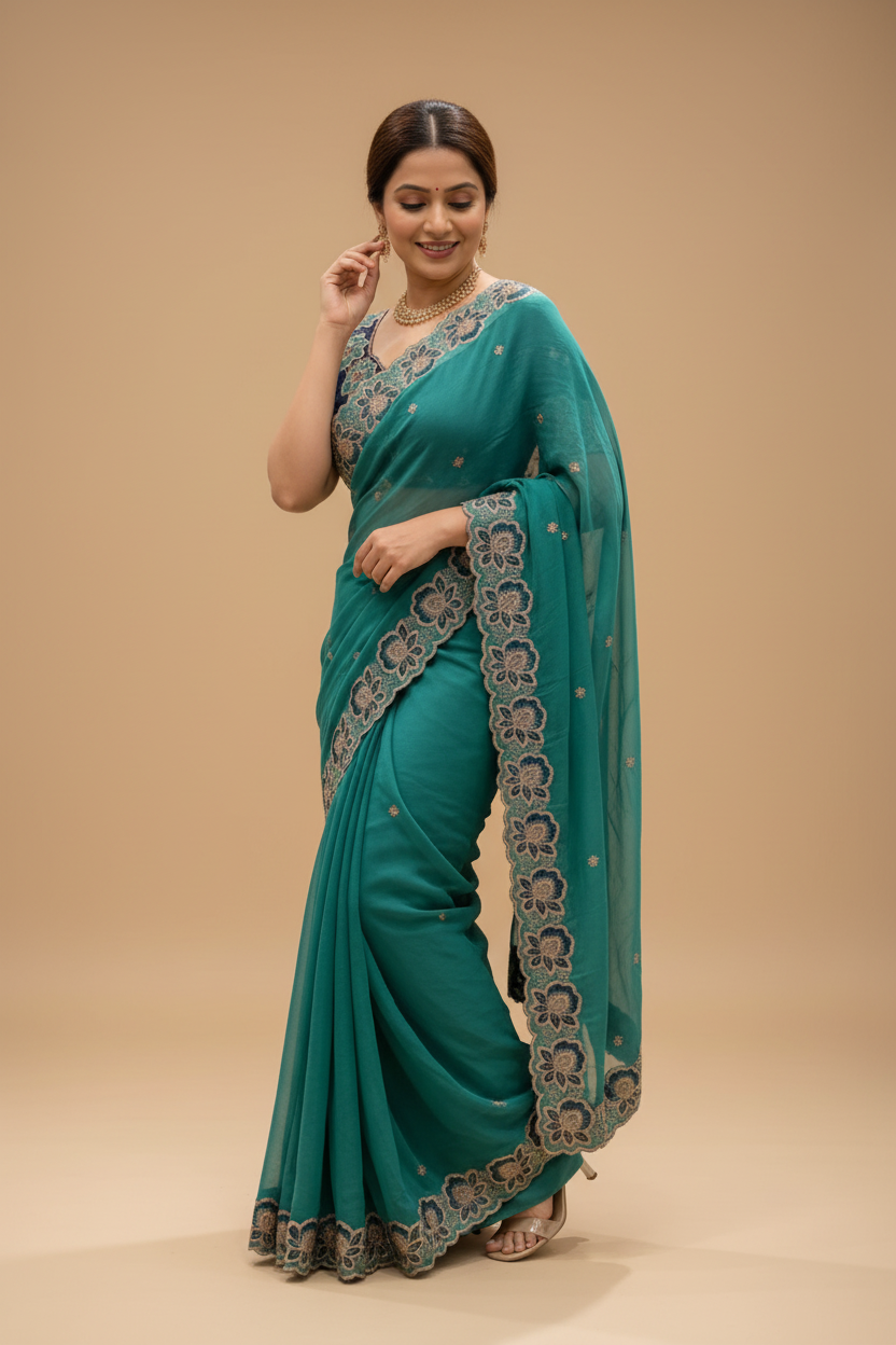 Snuggle Spot Women's Star Georgette Embroidered Saree With Unstitched Blouse 5.5Mtr (Sea Green)