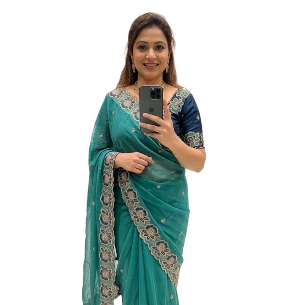 Snuggle Spot Women's Star Georgette Embroidered Saree With Unstitched Blouse 5.5Mtr (Sea Green)
