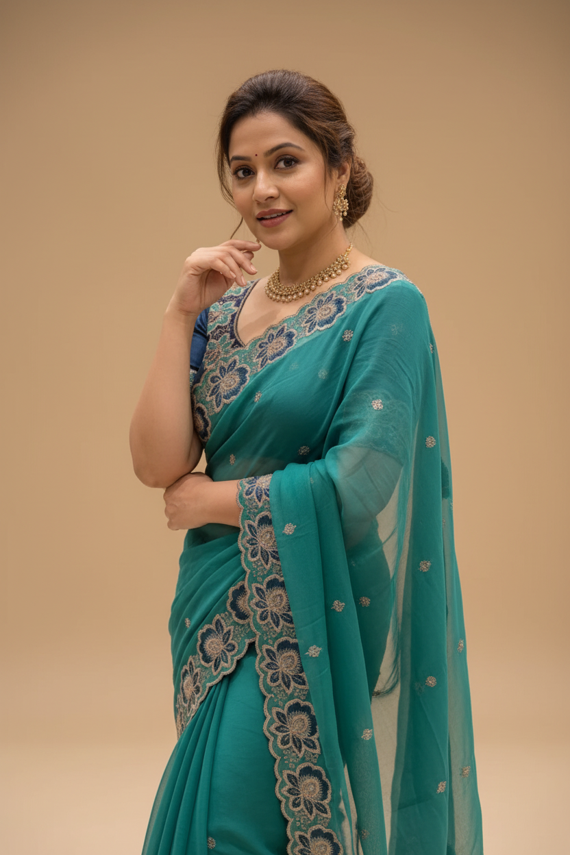 Snuggle Spot Women's Star Georgette Embroidered Saree With Unstitched Blouse 5.5Mtr (Sea Green)