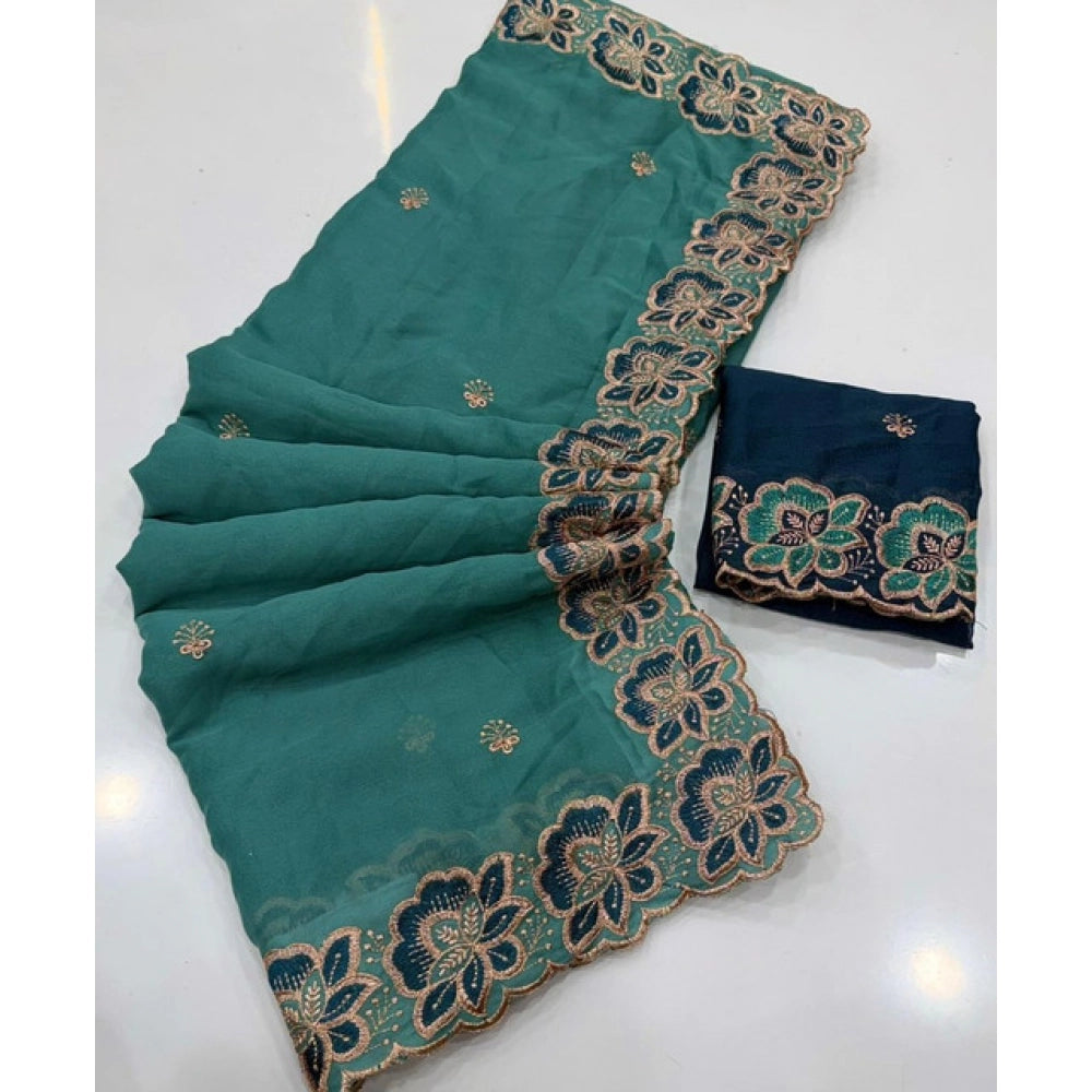 Snuggle Spot Women's Star Georgette Embroidered Saree With Unstitched Blouse 5.5Mtr (Sea Green)