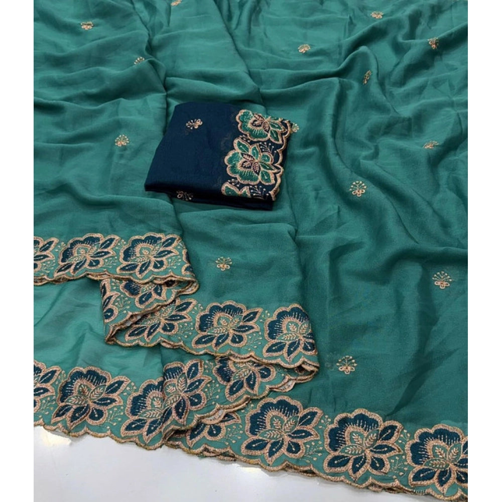 Snuggle Spot Women's Star Georgette Embroidered Saree With Unstitched Blouse 5.5Mtr (Sea Green)