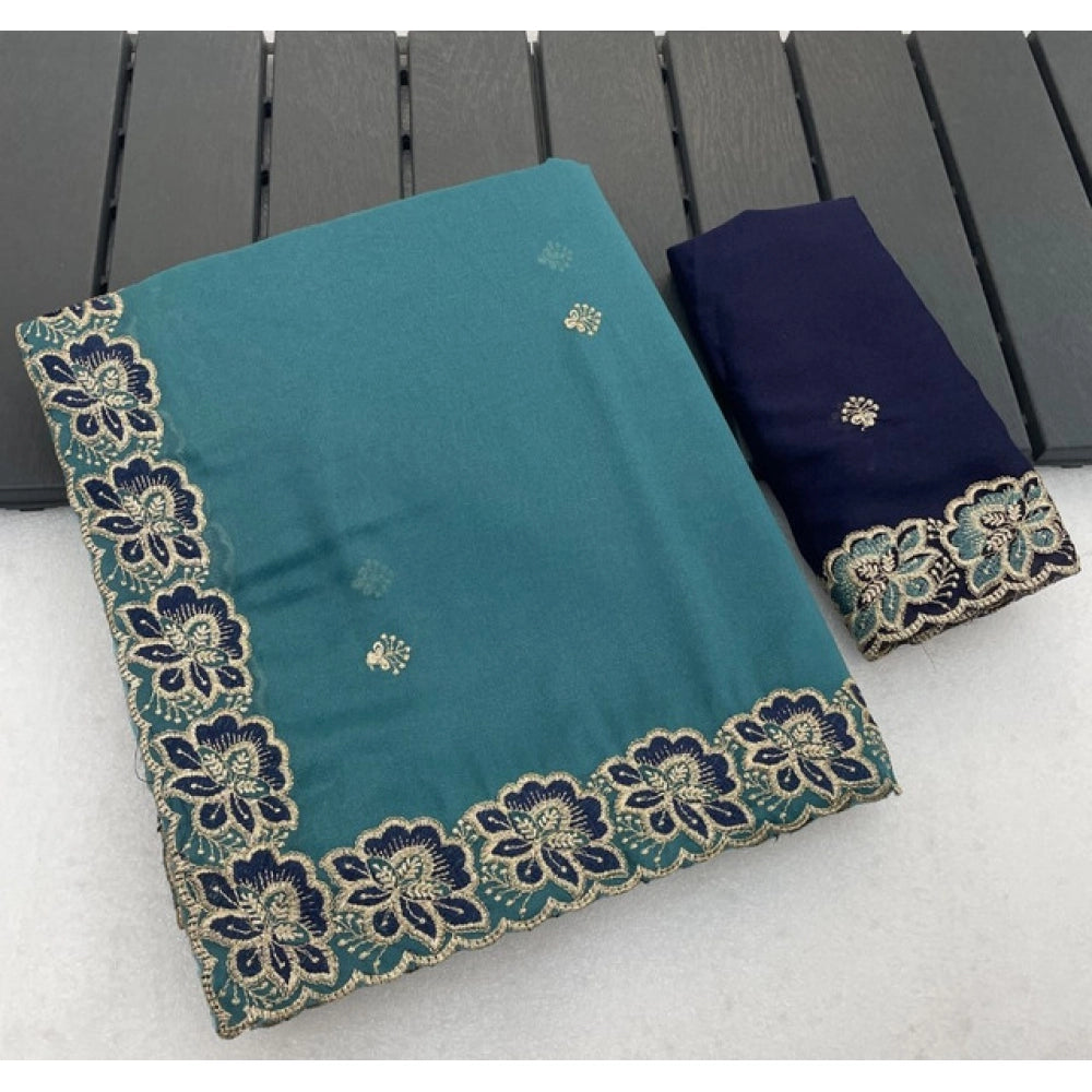 Snuggle Spot Women's Star Georgette Embroidered Saree With Unstitched Blouse 5.5Mtr (Sea Green)