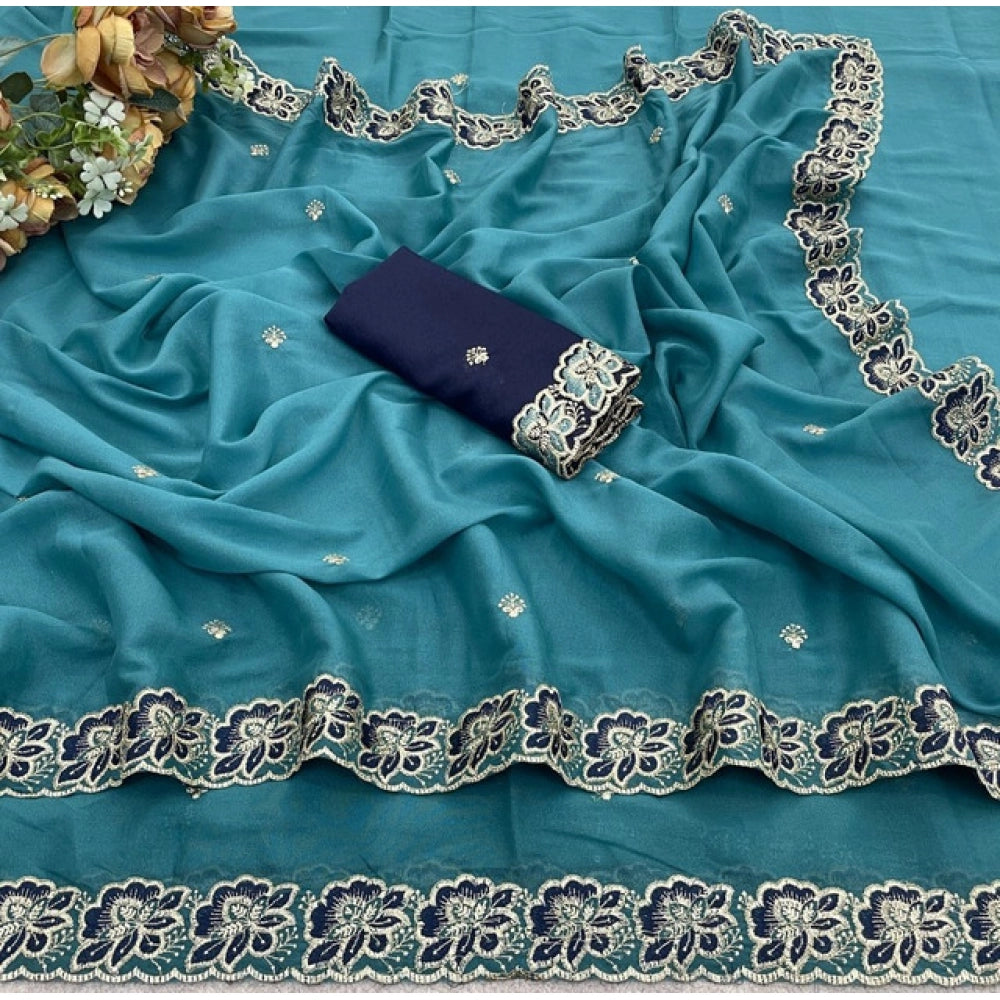 Snuggle Spot Women's Star Georgette Embroidered Saree With Unstitched Blouse 5.5Mtr (Sea Green)
