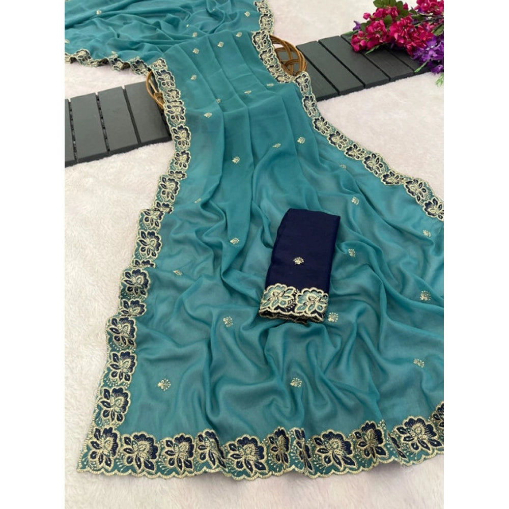 Snuggle Spot Women's Star Georgette Embroidered Saree With Unstitched Blouse 5.5Mtr (Sea Green)