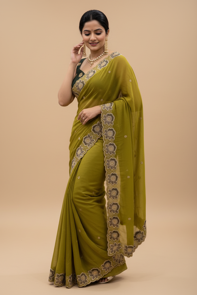 Snuggle Spot Women's Star Georgette Embroidered Saree With Unstitched Blouse 5.5Mtr (Olive Green)