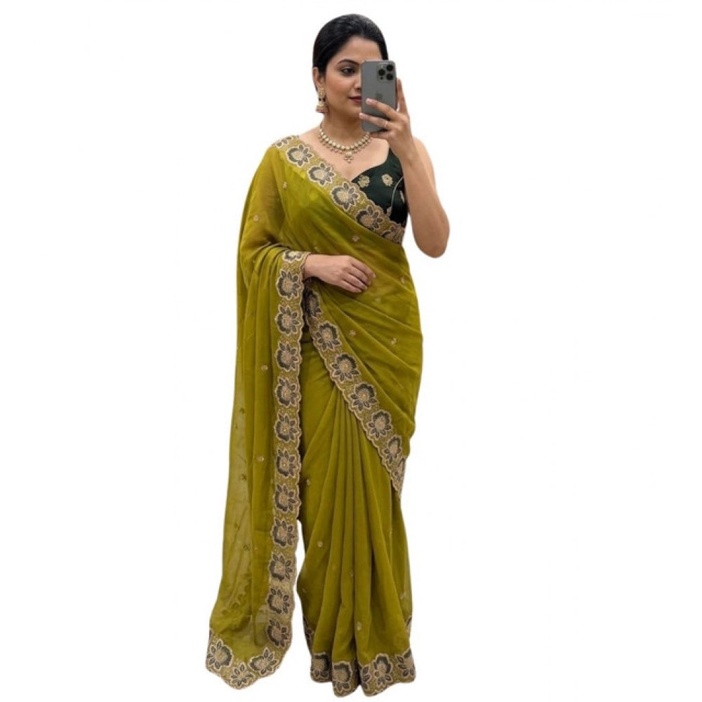 Snuggle Spot Women's Star Georgette Embroidered Saree With Unstitched Blouse 5.5Mtr (Olive Green)
