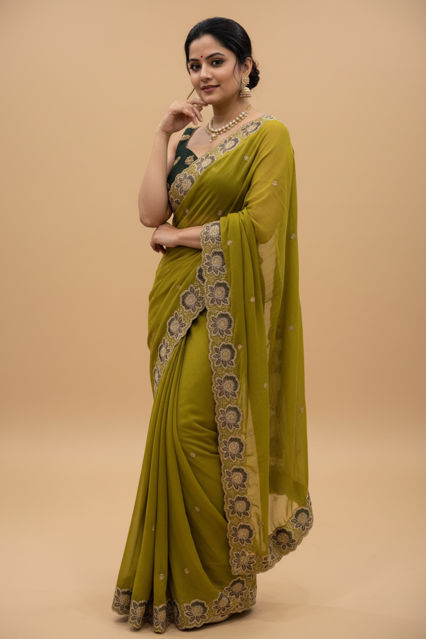 Snuggle Spot Women's Star Georgette Embroidered Saree With Unstitched Blouse 5.5Mtr (Olive Green)
