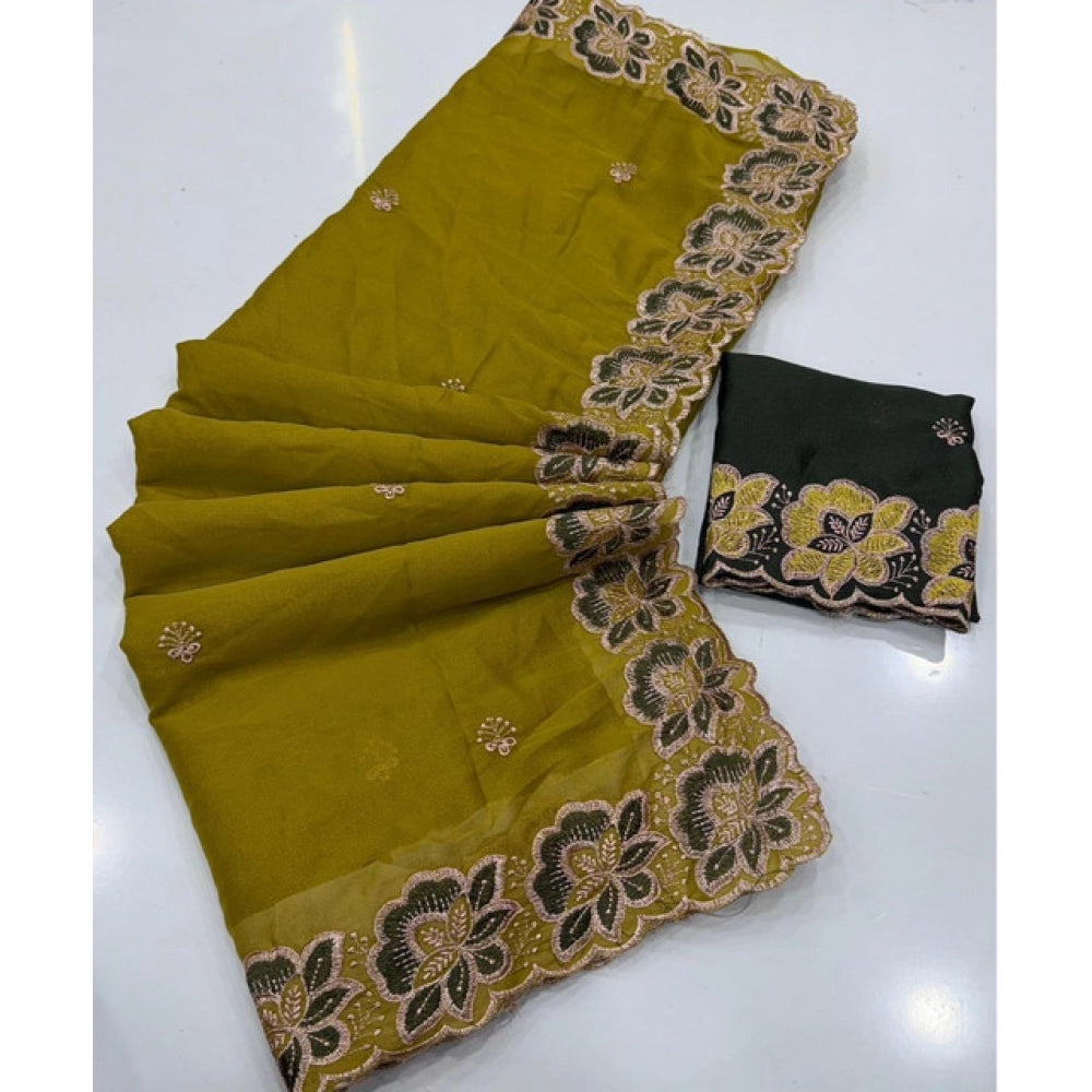 Snuggle Spot Women's Star Georgette Embroidered Saree With Unstitched Blouse 5.5Mtr (Olive Green)