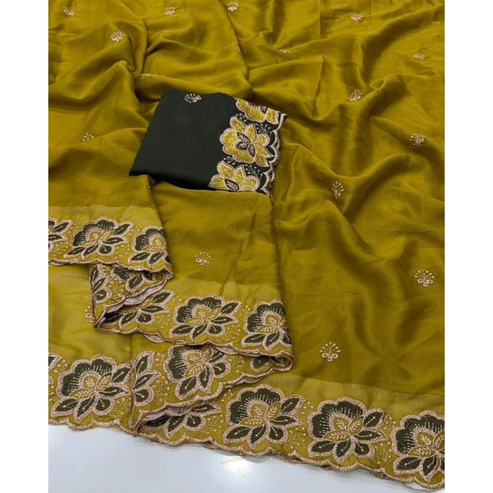 Snuggle Spot Women's Star Georgette Embroidered Saree With Unstitched Blouse 5.5Mtr (Olive Green)