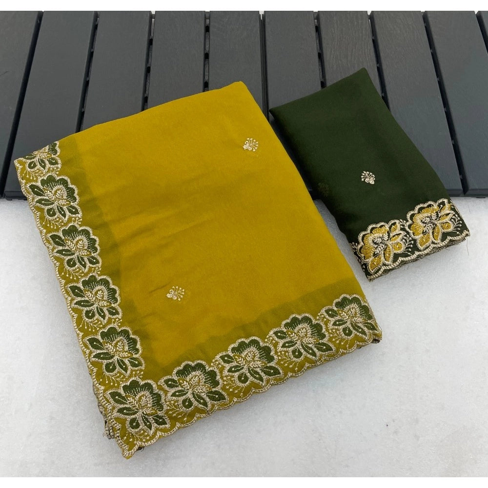 Snuggle Spot Women's Star Georgette Embroidered Saree With Unstitched Blouse 5.5Mtr (Olive Green)