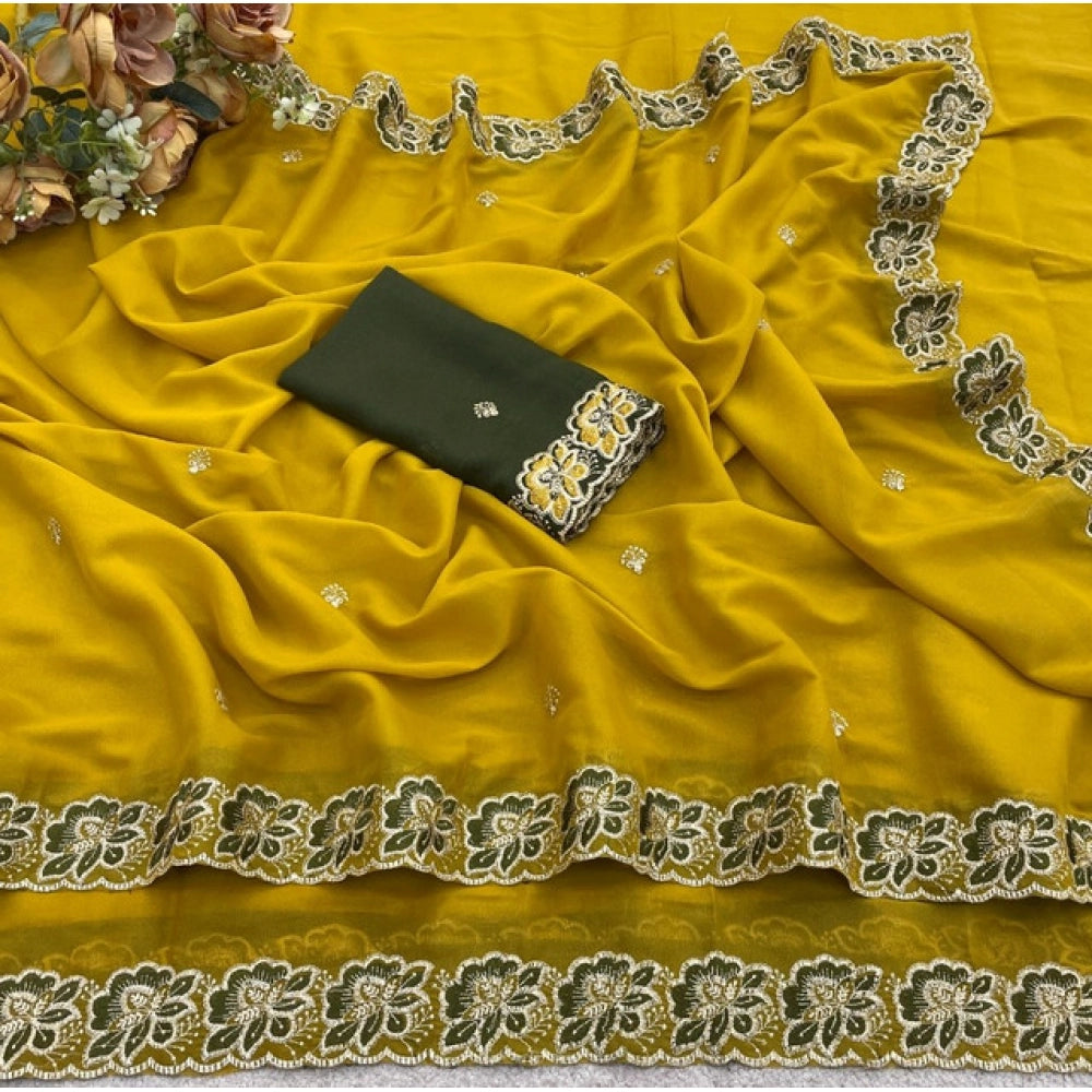 Snuggle Spot Women's Star Georgette Embroidered Saree With Unstitched Blouse 5.5Mtr (Olive Green)