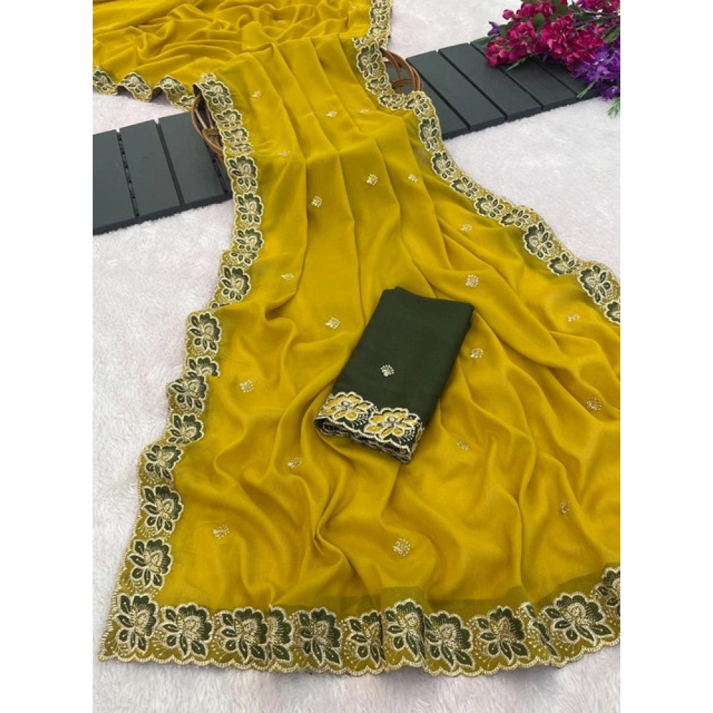 Snuggle Spot Women's Star Georgette Embroidered Saree With Unstitched Blouse 5.5Mtr (Olive Green)