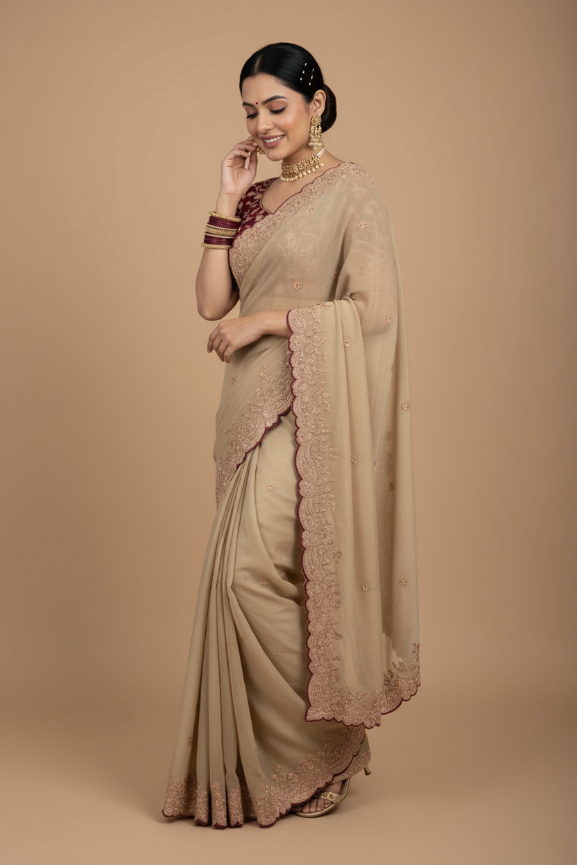 Snuggle Spot Women's Star Georgette Embroidered Saree With Unstitched Blouse 5.5Mtr (Beige)