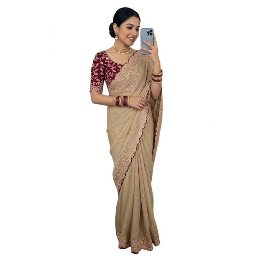 Snuggle Spot Women's Star Georgette Embroidered Saree With Unstitched Blouse 5.5Mtr (Beige)
