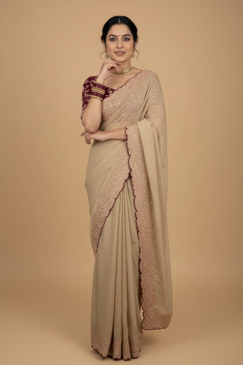 Snuggle Spot Women's Star Georgette Embroidered Saree With Unstitched Blouse 5.5Mtr (Beige)