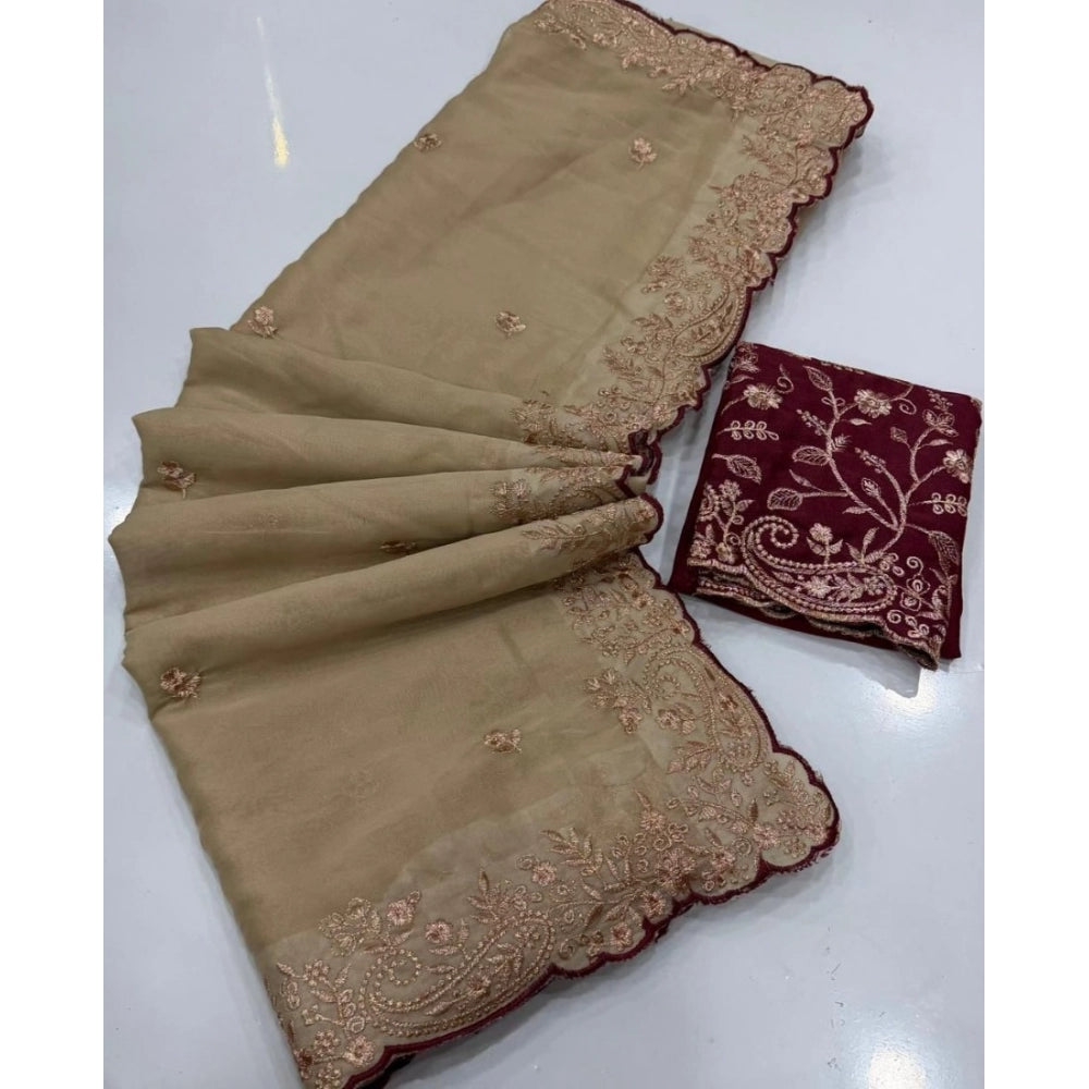 Snuggle Spot Women's Star Georgette Embroidered Saree With Unstitched Blouse 5.5Mtr (Beige)