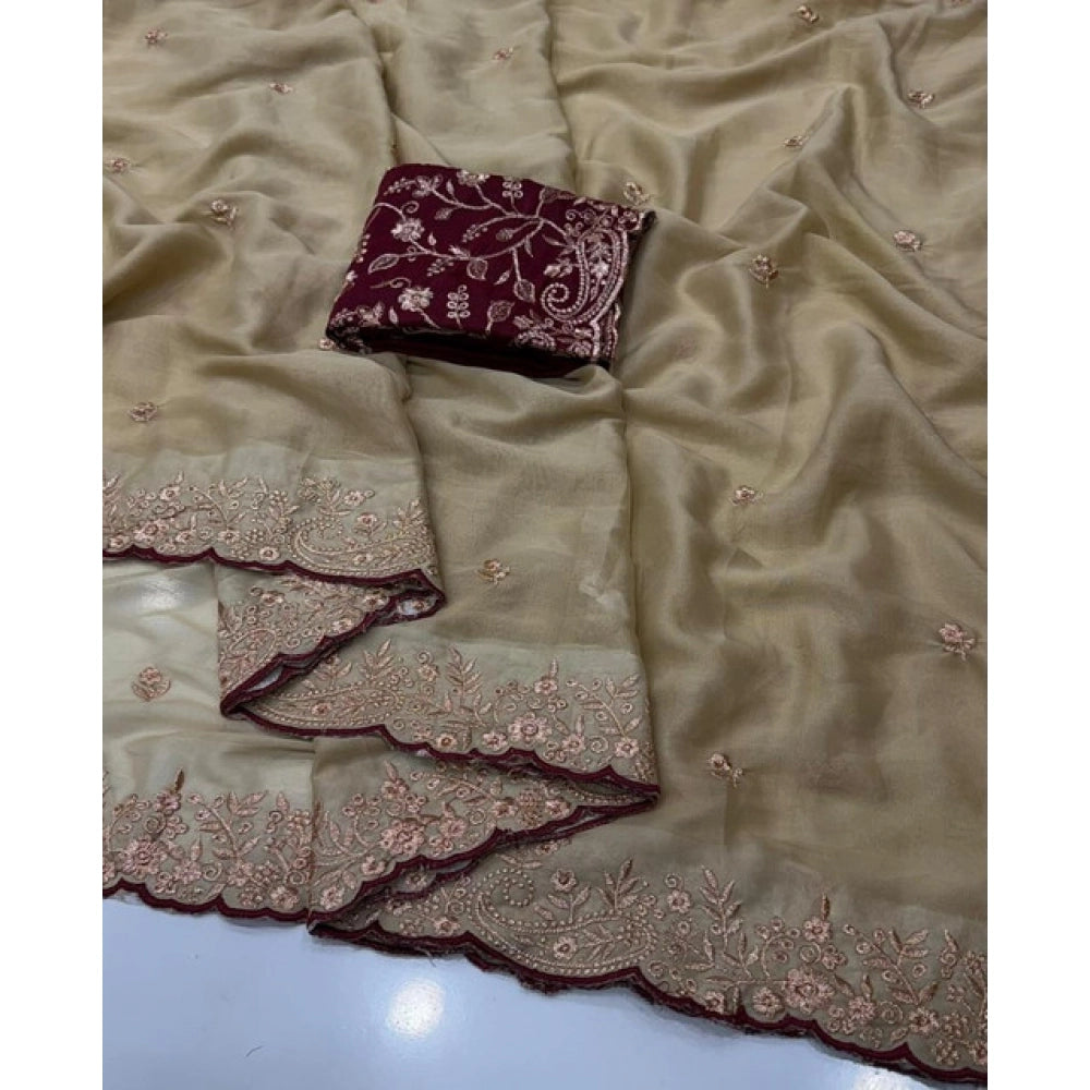 Snuggle Spot Women's Star Georgette Embroidered Saree With Unstitched Blouse 5.5Mtr (Beige)