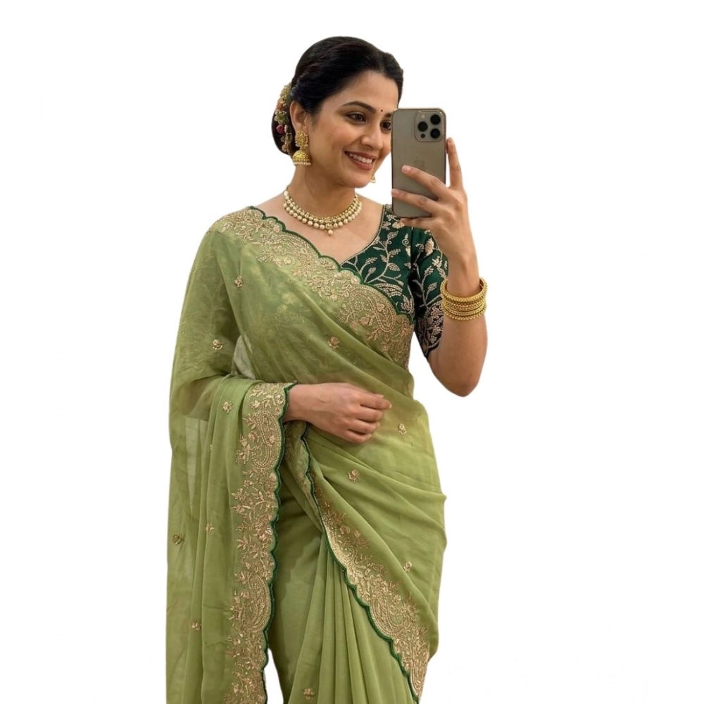 Snuggle Spot Women's Star Georgette Embroidered Saree With Unstitched Blouse 5.5Mtr (Green)