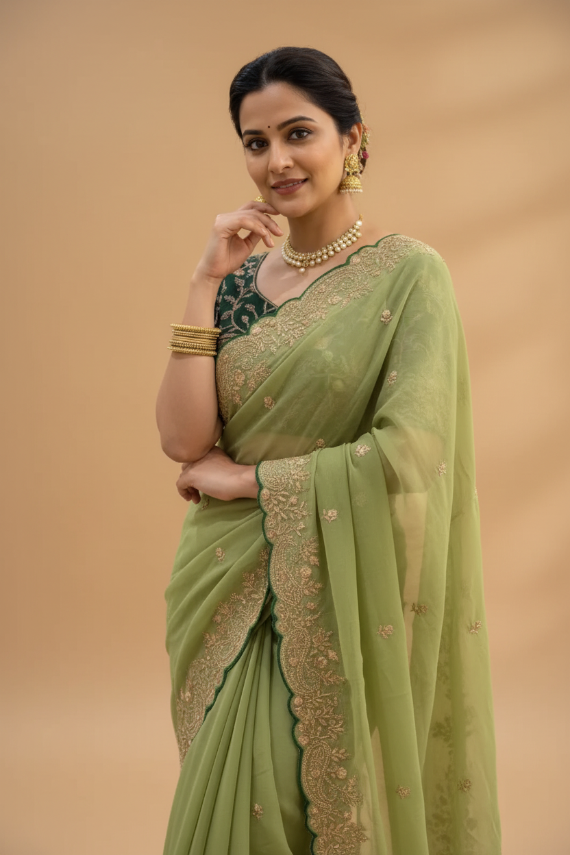 Snuggle Spot Women's Star Georgette Embroidered Saree With Unstitched Blouse 5.5Mtr (Green)