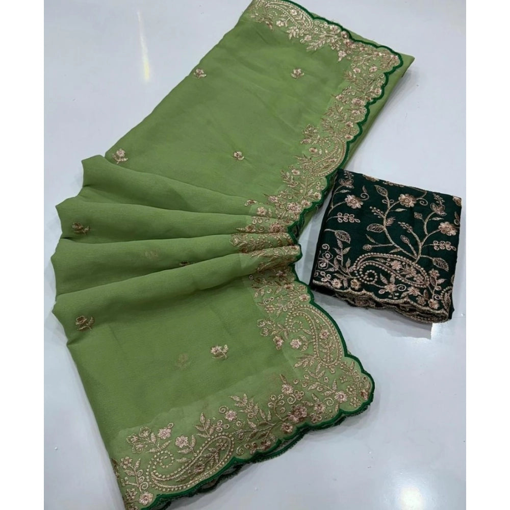 Snuggle Spot Women's Star Georgette Embroidered Saree With Unstitched Blouse 5.5Mtr (Green)