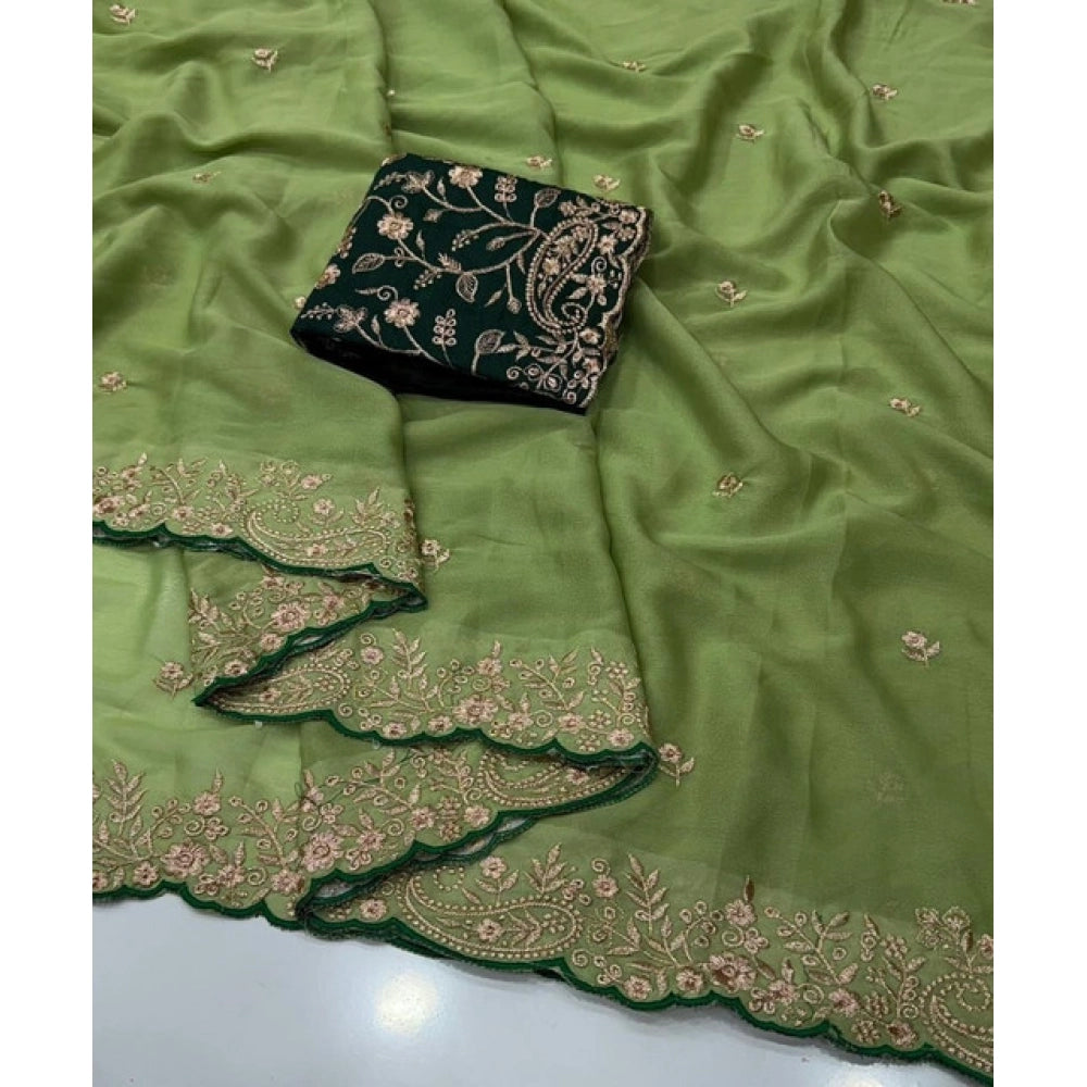 Snuggle Spot Women's Star Georgette Embroidered Saree With Unstitched Blouse 5.5Mtr (Green)