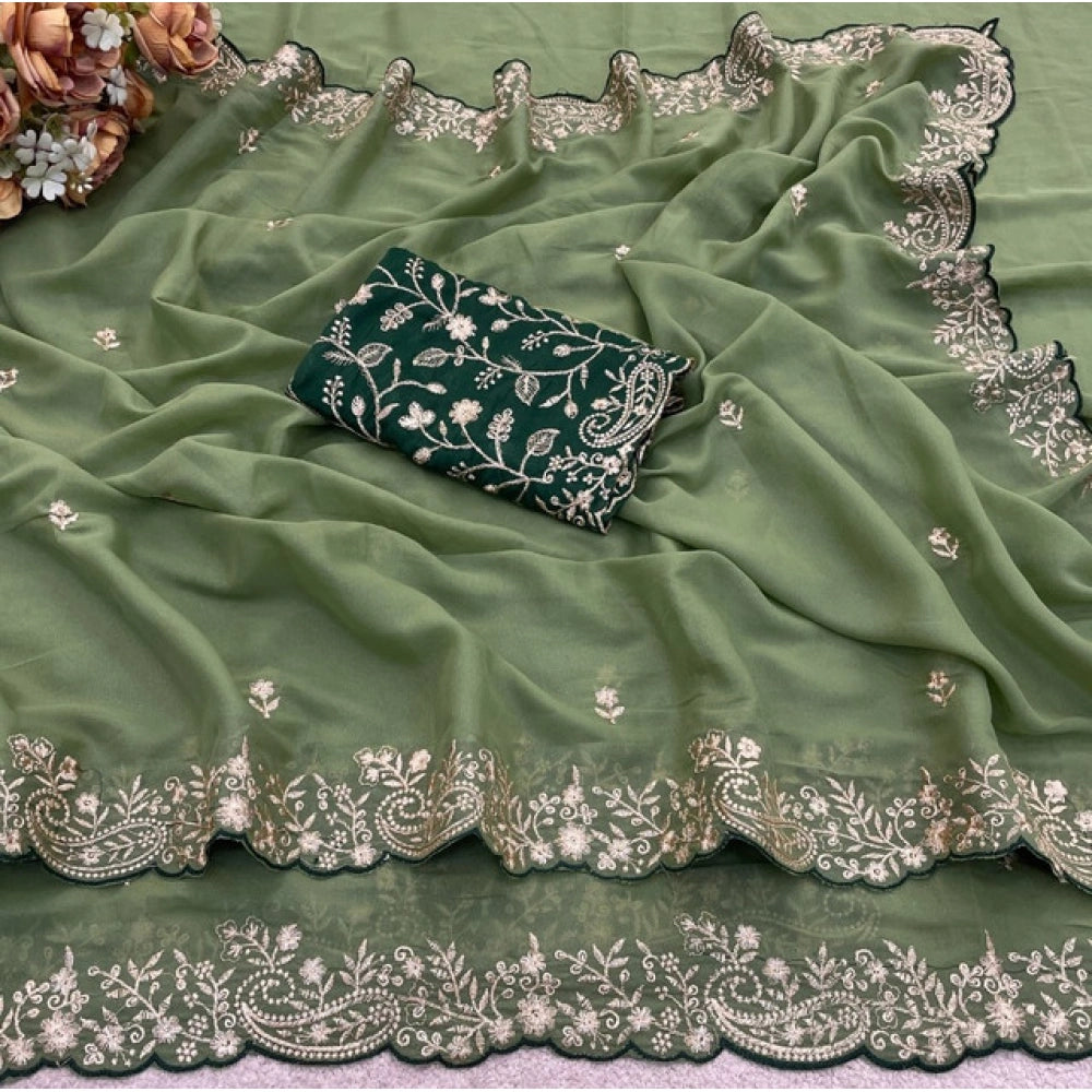 Snuggle Spot Women's Star Georgette Embroidered Saree With Unstitched Blouse 5.5Mtr (Green)