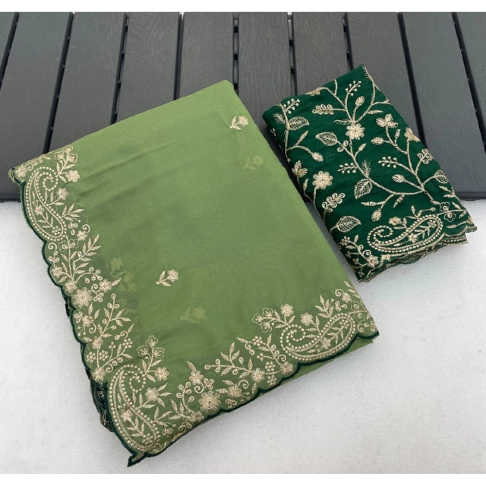 Snuggle Spot Women's Star Georgette Embroidered Saree With Unstitched Blouse 5.5Mtr (Green)