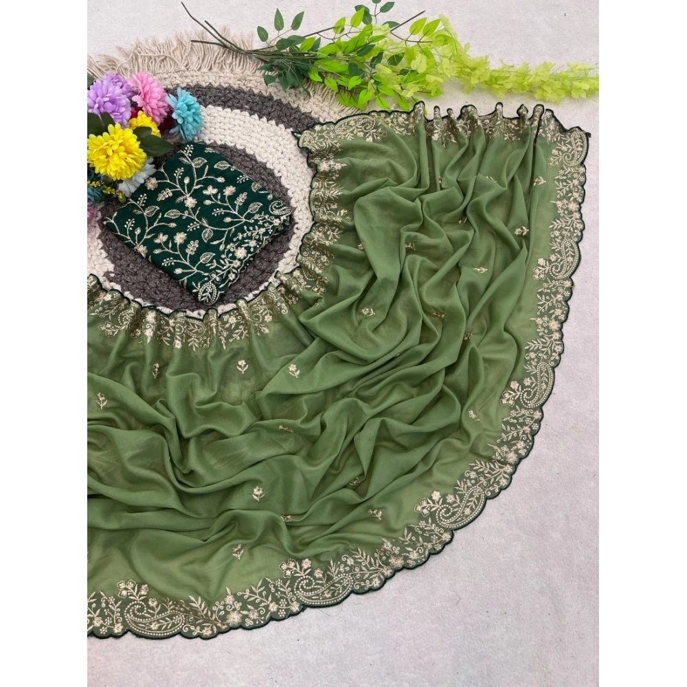 Snuggle Spot Women's Star Georgette Embroidered Saree With Unstitched Blouse 5.5Mtr (Green)