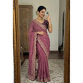 Snuggle Spot Women's Star Georgette Embroidered Saree With Unstitched Blouse 5.5Mtr (Pink)