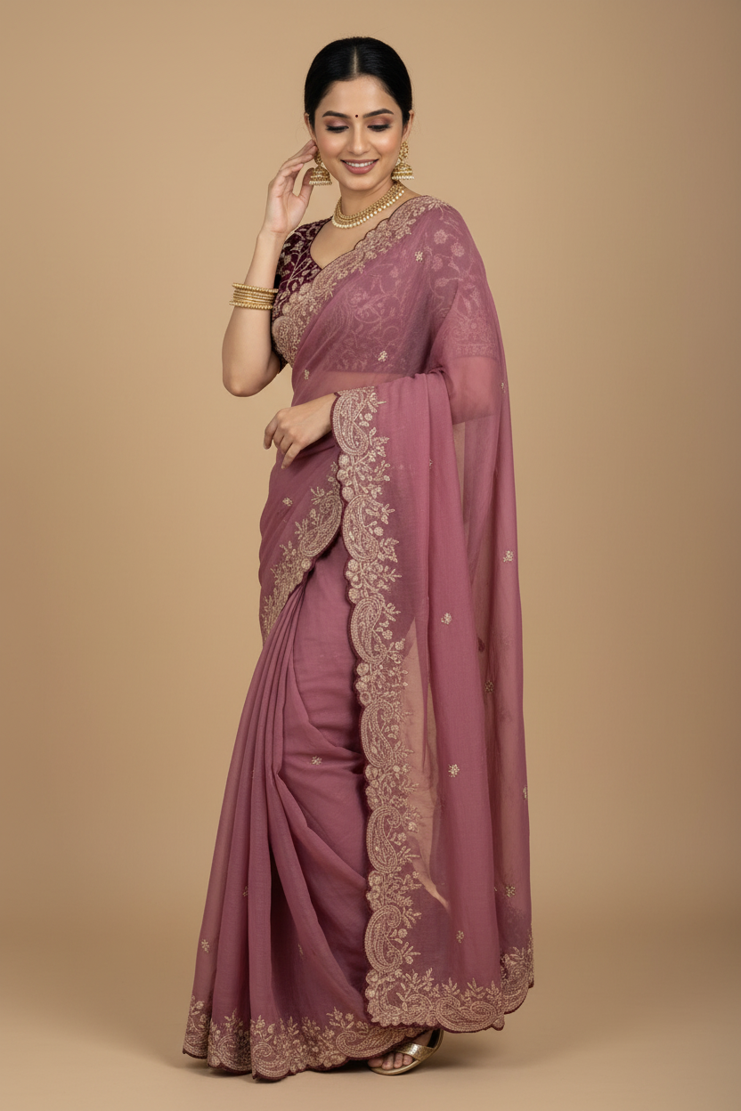 Snuggle Spot Women's Star Georgette Embroidered Saree With Unstitched Blouse 5.5Mtr (Pink)