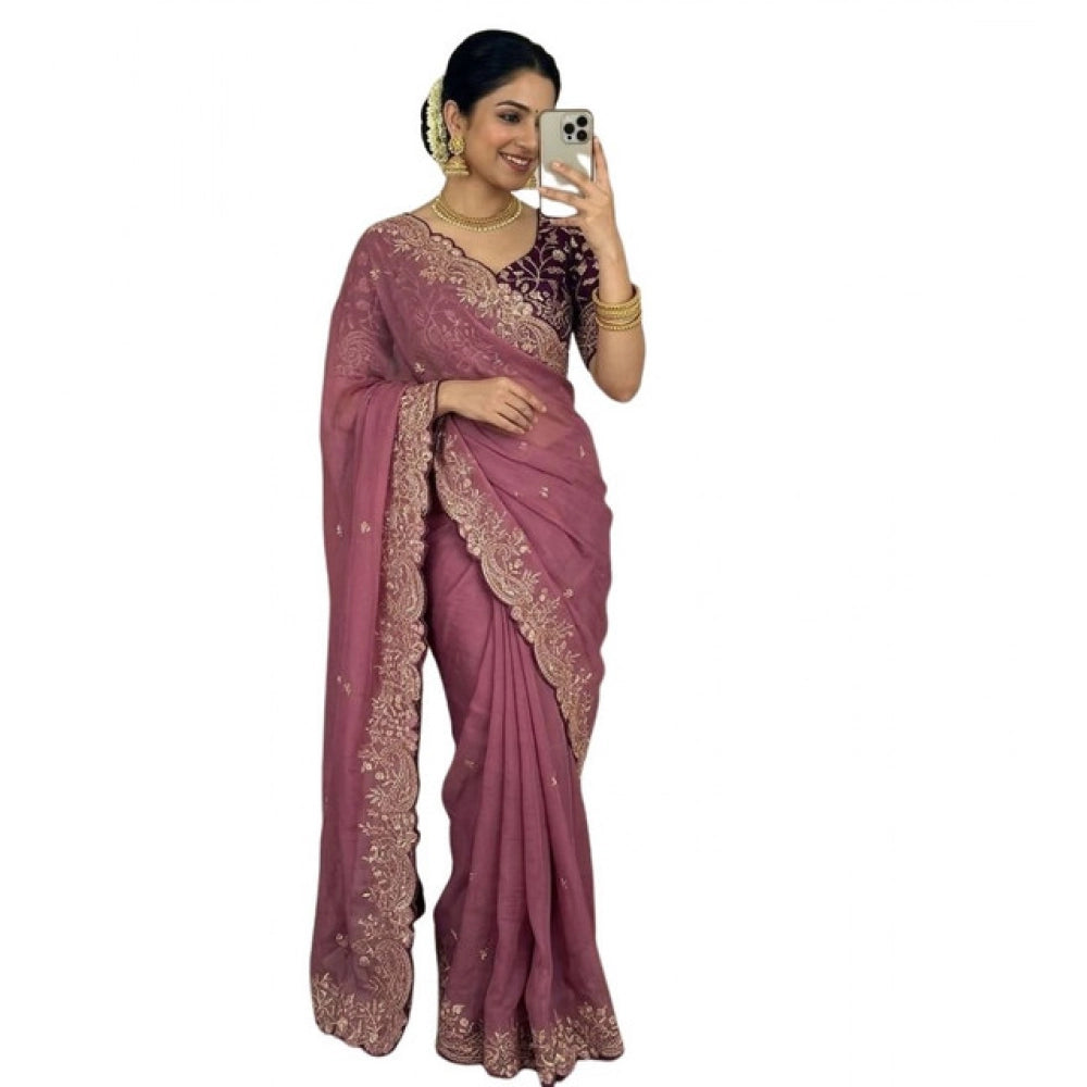 Snuggle Spot Women's Star Georgette Embroidered Saree With Unstitched Blouse 5.5Mtr (Pink)
