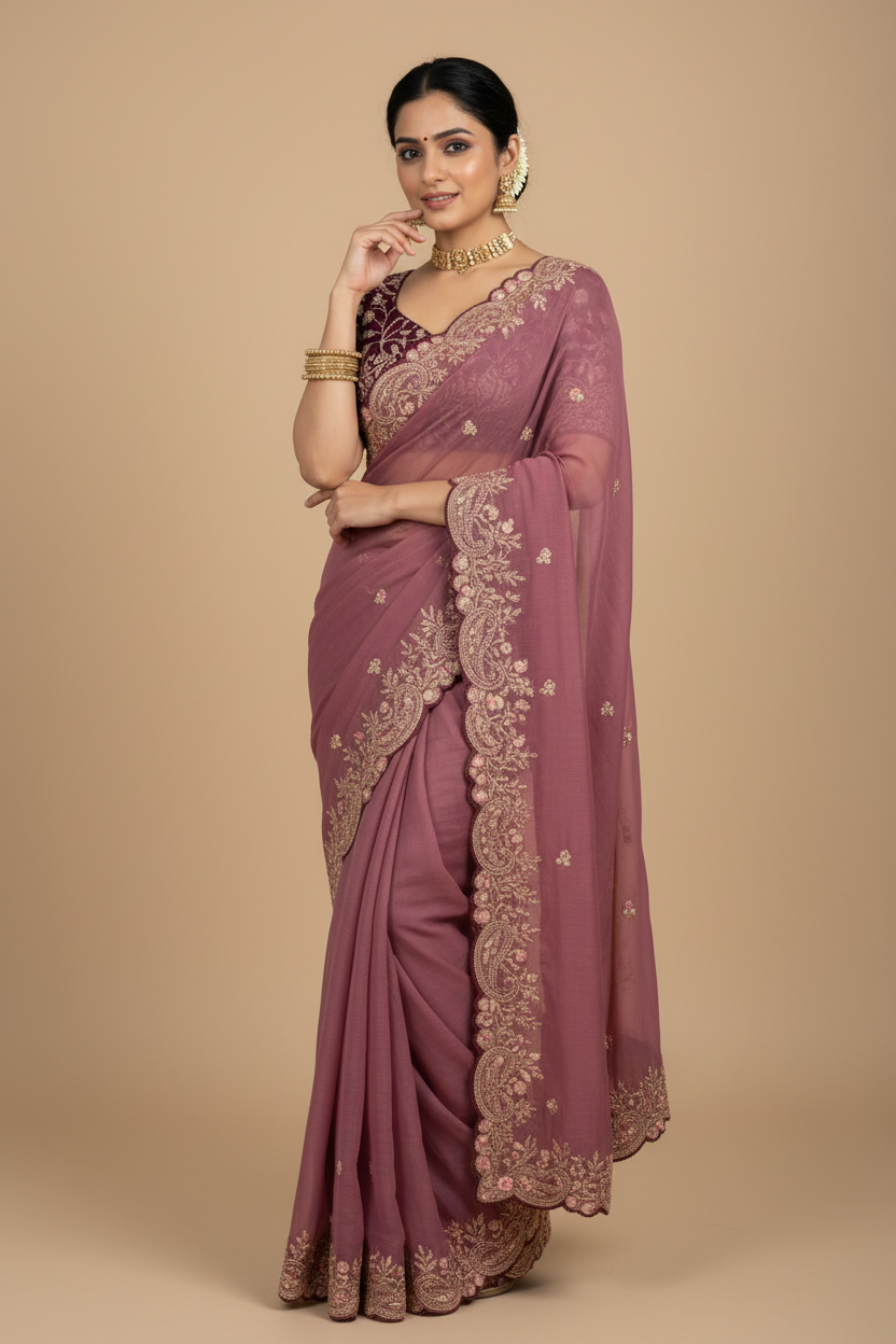 Snuggle Spot Women's Star Georgette Embroidered Saree With Unstitched Blouse 5.5Mtr (Pink)