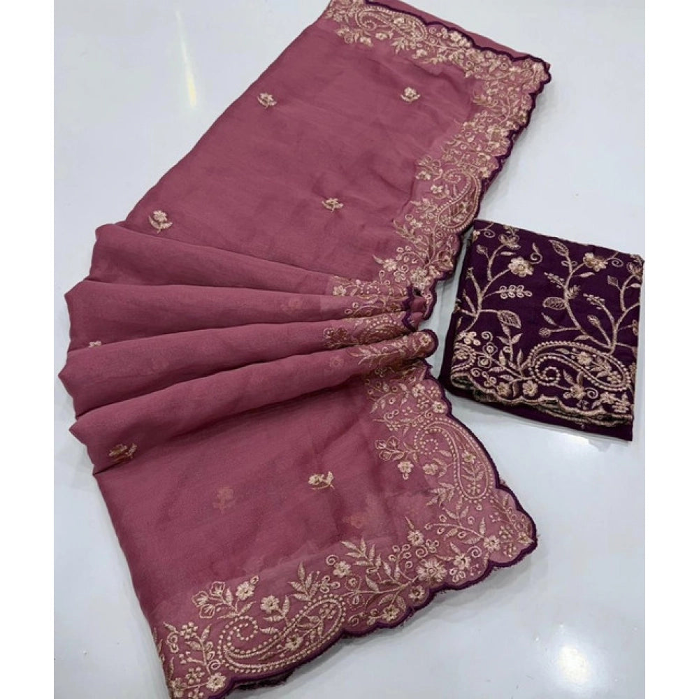 Snuggle Spot Women's Star Georgette Embroidered Saree With Unstitched Blouse 5.5Mtr (Pink)