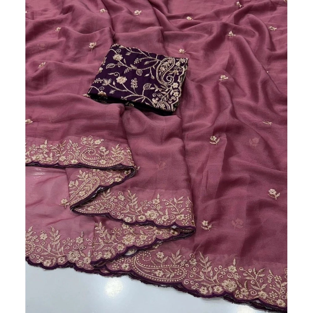 Snuggle Spot Women's Star Georgette Embroidered Saree With Unstitched Blouse 5.5Mtr (Pink)